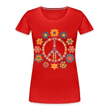 Logo Peace and Love avec des couleurs vintage - T-shirt bio Premium Femme - rouge - Devant - Mia (176cm)