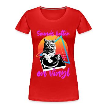 Katze spielt Musik auf einer Vinyl Schallplatte - Frauen Premium Bio T-Shirt - Rot - Vorne - Mia (176cm)