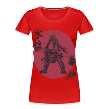 Witziger Samurai mit Gatling Japanischer Krieger B - Frauen Premium Bio T-Shirt - Rot - Vorne - Mia (176cm)