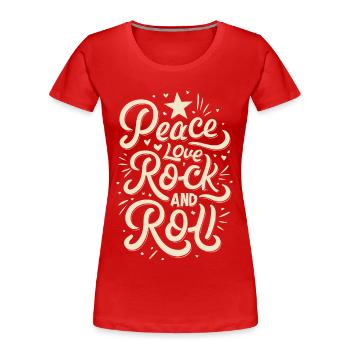 Peace Love Rock And Roll Déclaration Devise - T-shirt bio Premium Femme - rouge - Devant - Mia (176cm)