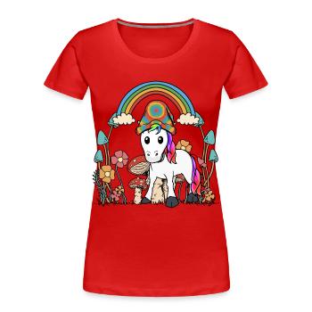 Herbst Blumen Pilze Einhorn Natur bunt Oktober - Frauen Premium Bio T-Shirt - Rot - Vorne - Mia (176cm)