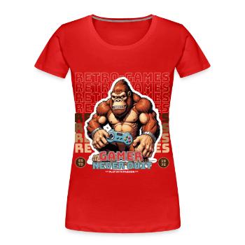 Retro Gamer Never Quit Affe mit Controller - Frauen Premium Bio T-Shirt - Rot - Vorne - Mia (176cm)