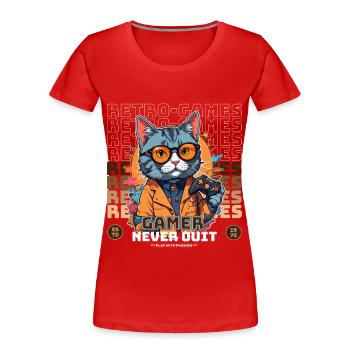 Rétro Games Gamer Never Quit Cat Thème - T-shirt bio Premium Femme - rouge - Devant - Mia (176cm)