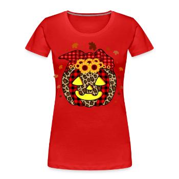 Kürbis Kürbislaterne Leopard Kariertes Halloween - Frauen Premium Bio T-Shirt - Rot - Vorne - Mia (176cm)