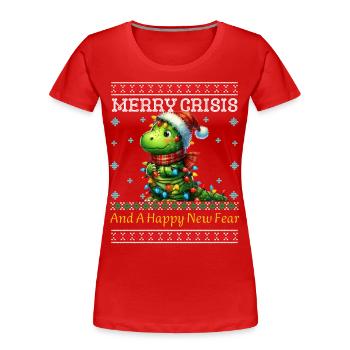 Merry Crisis Dino Weihnachten Ugly Christmas - Frauen Premium Bio T-Shirt - Rot - Vorne - Mia (176cm)