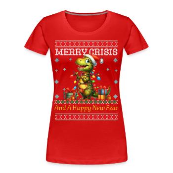 Dino Weihnachten Merry Crisis Ugly Christmas - Frauen Premium Bio T-Shirt - Rot - Vorne - Mia (176cm)