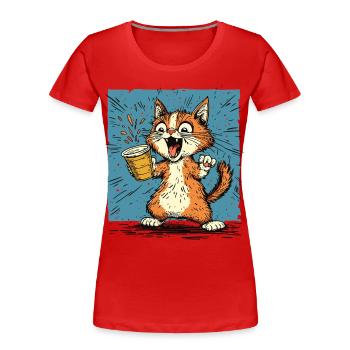 Excited cat with coffee in comic style - Women's Premium Organic T-Shirt - red - Front - Mia (176cm)