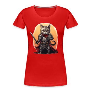 Chat en équipement de chevalier avec épée longue, AI Gen - T-shirt bio Premium Femme - rouge - Devant - Mia (176cm)