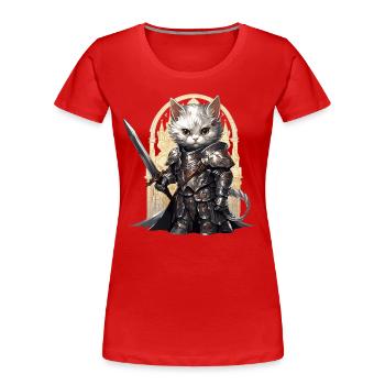 Chat en équipement de chevalier avec épée longue, AI Gen - T-shirt bio Premium Femme - rouge - Devant - Mia (176cm)