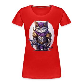 Chat en équipement de chevalier avec épée longue, AI Gen - T-shirt bio Premium Femme - rouge - Devant - Mia (176cm)