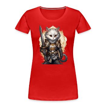 Chat en équipement de chevalier avec épée longue, AI Gen - T-shirt bio Premium Femme - rouge - Devant - Mia (176cm)