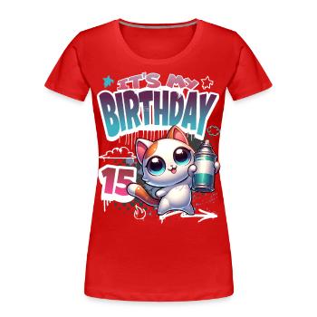 Graffiti de chat de 15e anniversaire - T-shirt bio Premium Femme - rouge - Devant - Mia (176cm)