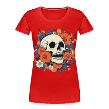 Pop Art Schädel mit bunten Blumen - Frauen Premium Bio T-Shirt - Rot - Vorne - Mia (176cm)
