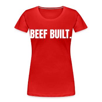 BŒUF CONSTRUIT | T-shirt Carnivore | Steak & Strength - T-shirt bio Premium Femme - rouge - Devant - Mia (176cm)