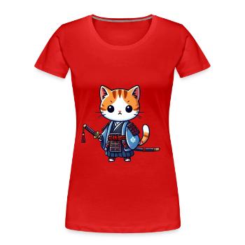 Samurai-Katze in blauen Roben mit Katana - Frauen Premium Bio T-Shirt - Rot - Vorne - Mia (176cm)