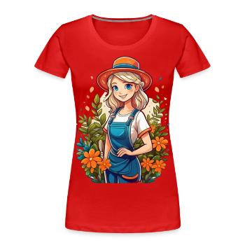 Attraktive Gärtnerin in ihrem Garten - Frauen Premium Bio T-Shirt - Rot - Vorne - Mia (176cm)