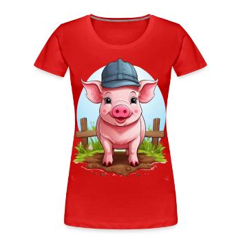 Ein niedliches Schwein mit Hut im Schlamm - Frauen Premium Bio T-Shirt - Rot - Vorne - Mia (176cm)