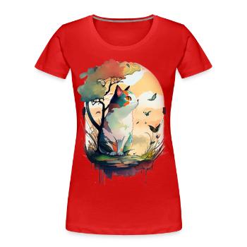 Katze und Schmetterlinge unter dem Baum in Aquarell - Frauen Premium Bio T-Shirt - Rot - Vorne - Mia (176cm)
