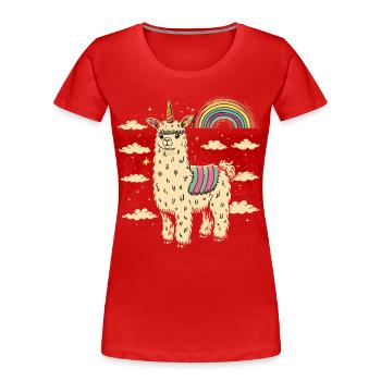 Flippiges Alpaka mit bunten Regenbogen-Streifen - Frauen Premium Bio T-Shirt - Rot - Vorne - Mia (176cm)