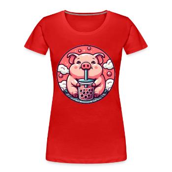 Schwein genießt Bubble Tea - Frauen Premium Bio T-Shirt - Rot - Vorne - Mia (176cm)
