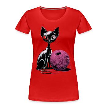 Chat noir avec pelote de laine pour les amoureux des chats - T-shirt bio Premium Femme - rouge - Devant - Mia (176cm)