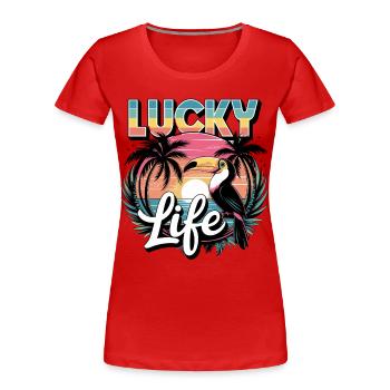 Lucky Life Paradis tropical avec coucher de soleil - T-shirt bio Premium Femme - rouge - Devant - Mia (176cm)