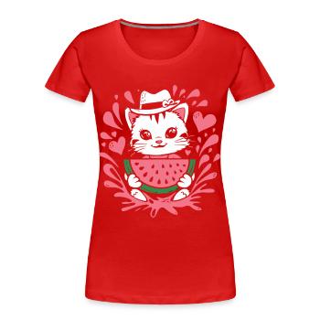 Chaton mignon avec des éclaboussures de pastèque et de cœur - T-shirt bio Premium Femme - rouge - Devant - Mia (176cm)