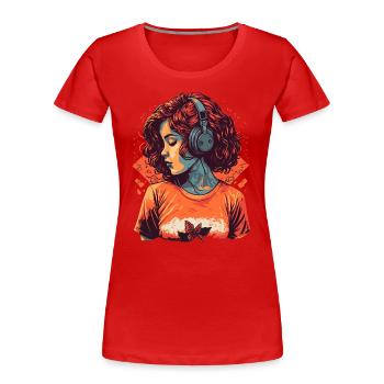 Fille d’étude écoutant de la musique Lo-Fi - T-shirt bio Premium Femme - rouge - Devant - Mia (176cm)