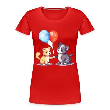 Katze und Hund Kawaii Cartoon spielen mit Luftballons - Frauen Premium Bio T-Shirt - Rot - Vorne - Mia (176cm)