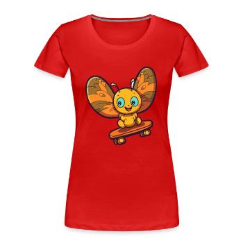Lustige Schmetterlings-Kawaii-Karikatur, die Skateboard spielt - Frauen Premium Bio T-Shirt - Rot - Vorne - Mia (176cm)