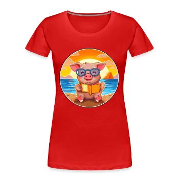Schwein-niedlicher lustiger Cartoon-Kawaii-Buch-Strand - Frauen Premium Bio T-Shirt - Rot - Vorne - Mia (176cm)