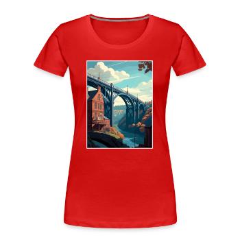 Ironbridge England Vintage Reiseposter Souvenir - Frauen Premium Bio T-Shirt - Rot - Vorne - Mia (176cm)