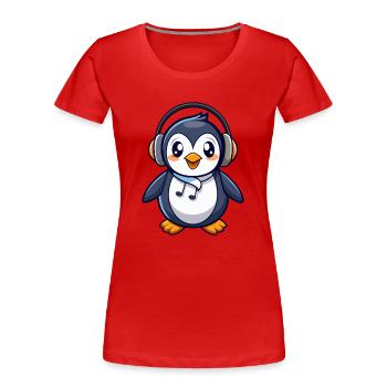 Penguin Funny Cartoon Character Headphone Music - Women's Premium Organic T-Shirt - red - Front - Mia (176cm)