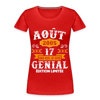 17 Ans Anniversaire Vintage Né(e) en Août 2005 - T-shirt bio Premium Femme - rouge - Devant - Mia (176cm)