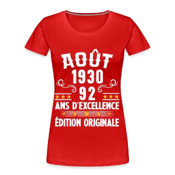 92 Ans Anniversaire Vintage Né(e) en Août 1930 - T-shirt bio Premium Femme - rouge - Devant - Mia (176cm)