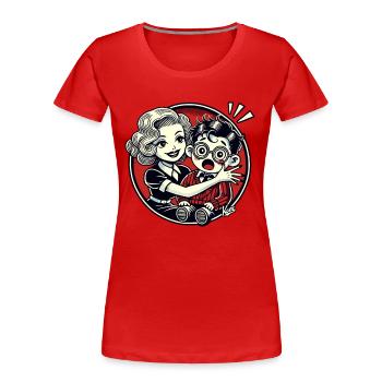 Retro woman taking care of shy nerd - Women's Premium Organic T-Shirt - red - Front - Mia (176cm)