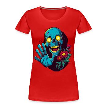Drôle de crâne avec des fleurs salue : Bonjour ! - T-shirt bio Premium Femme - rouge - Devant - Mia (176cm)