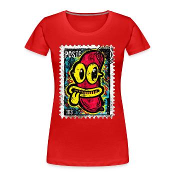 Freche Comic-Wurst mit Zunge auf Briefmarke - Frauen Premium Bio T-Shirt - Rot - Vorne - Mia (176cm)