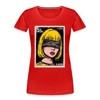 Woman with blindfold in pop art stamp - Women's Premium Organic T-Shirt - red - Front - Mia (176cm)