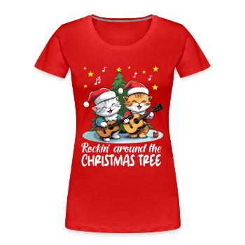 Katzen feiern Weihnachten mit Gitarren Rock'n'Roll - Frauen Premium Bio T-Shirt - Rot - Vorne - Mia (176cm)
