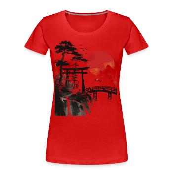 Japan Landscape Red Moon Trees Birds Bonsai - Women's Premium Organic T-Shirt - red - Front - Mia (176cm)