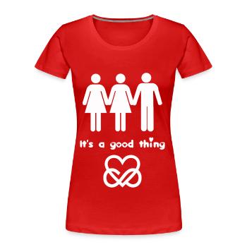 Polyamour Amour Relation échangiste Trio Cadeau - T-shirt bio Premium Femme - rouge - Devant - Mia (176cm)