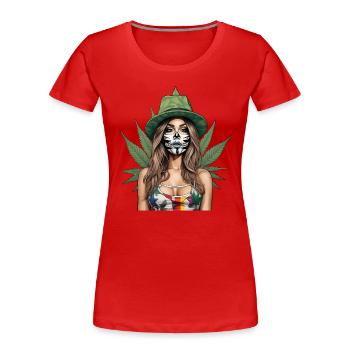 Cannabis Ikone mit einem Hauch von Mysterium - Frauen Premium Bio T-Shirt - Rot - Vorne - Mia (176cm)