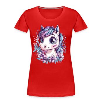 Pony mit Blumenpracht - Frauen Premium Bio T-Shirt - Rot - Vorne - Mia (176cm)