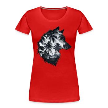 Silhouette de loup avec palmiers et soleil - T-shirt bio Premium Femme - rouge - Devant - Mia (176cm)
