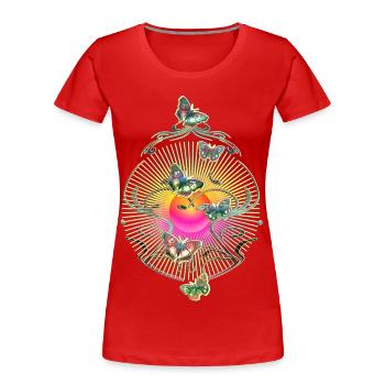 Schmetterlinge Schnörkel Ranke Sonne Muster - Frauen Premium Bio T-Shirt - Rot - Vorne - Mia (176cm)