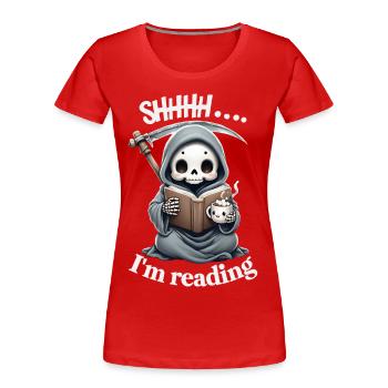 Faucheuse lisant un livre avec du café - T-shirt bio Premium Femme - rouge - Devant - Mia (176cm)