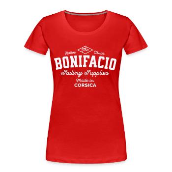 Bonifacio Sailing Supplies made in Corsica - T-shirt bio Premium Femme - rouge - Devant - Mia (176cm)