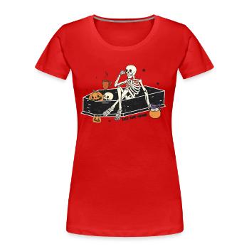 Gruseliger Retro-Spaß: "Rise And Grind" Halloween - Frauen Premium Bio T-Shirt - Rot - Vorne - Mia (176cm)