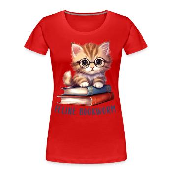 Rat de bibliothèque félin - Chat de lecture de livres mignons - T-shirt bio Premium Femme - rouge - Devant - Mia (176cm)